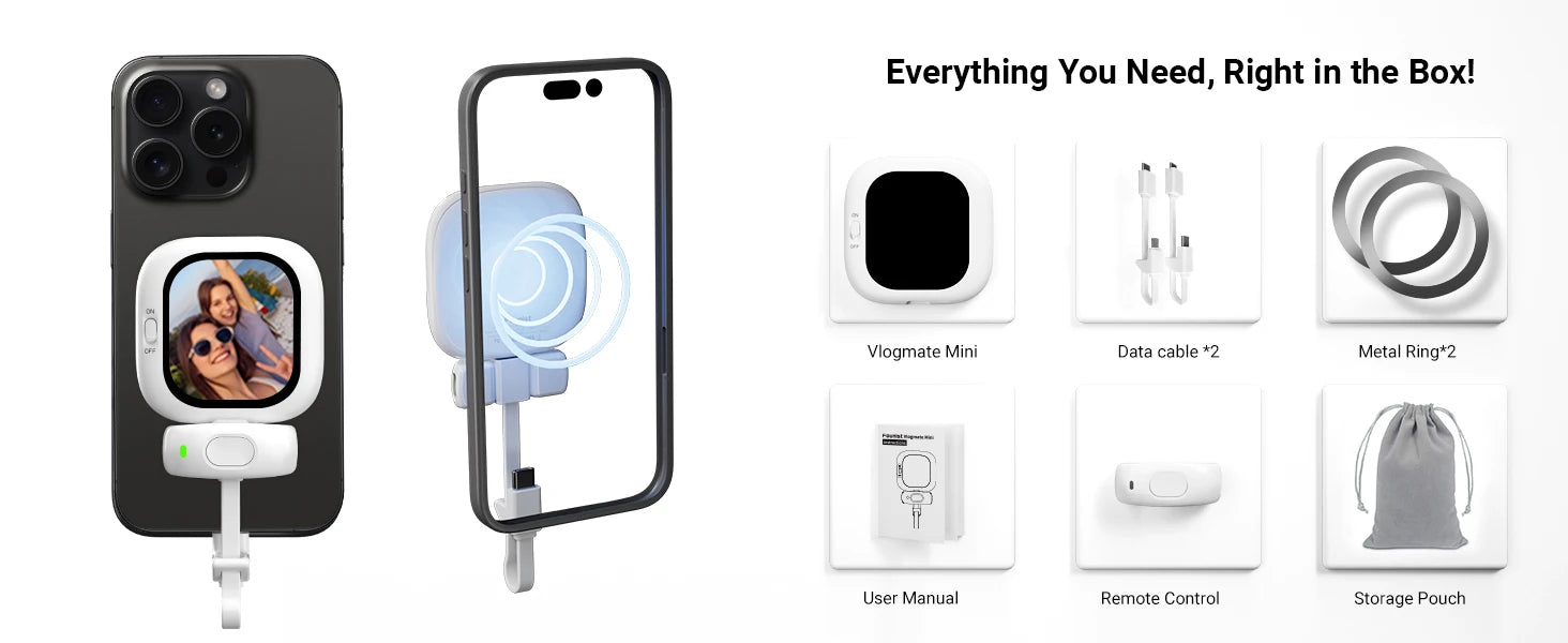 Vuria® Vlogmate Mini AMOLED Selfie Monitor – 700-Nit Magnetic Smartphone Screen for iPhone & Android Rear Camera Vlogging, TikTok & Live Streaming