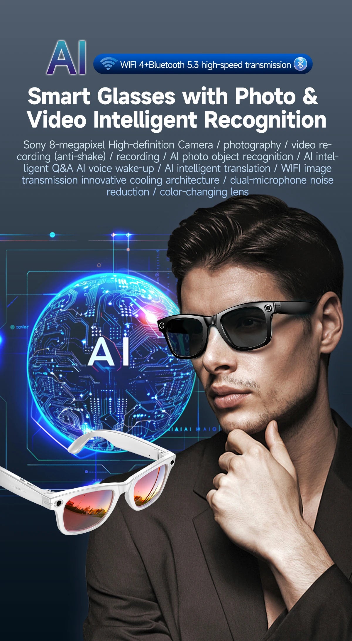 Vuria® ChatGPT 4.0 AI Smart Glasses (8MP Camera & Real-Time Translation)